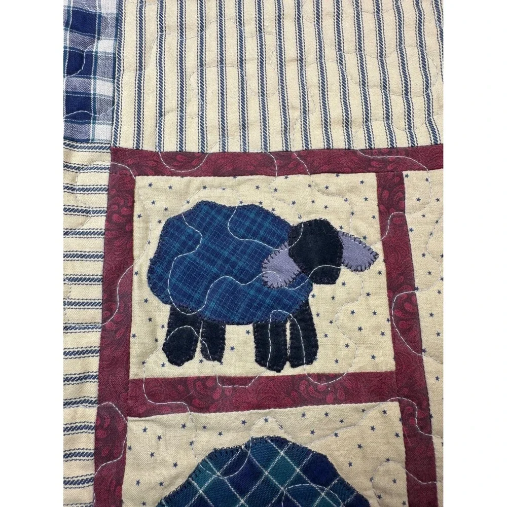 Handmade Primitive Country Sheep Quilted Wall Hanging Blue Plaid Farmhouse Decor